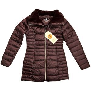 Save The Duck Caroline Womens S Burgundy Puffer Coat Faux Fur Long Iris Full Zip